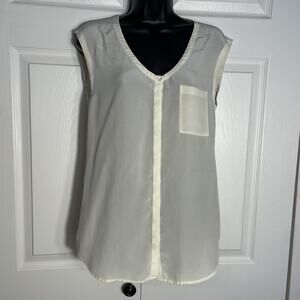 Eileen Fisher Shirt Womens XXS Beige 100% Silk Sleeveless Oversized Pocket Sheer